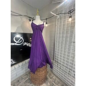 Purple Embroidered Maxi Dress Tie Front Spaghetti Strap Flowy‎ Bohemian Festival